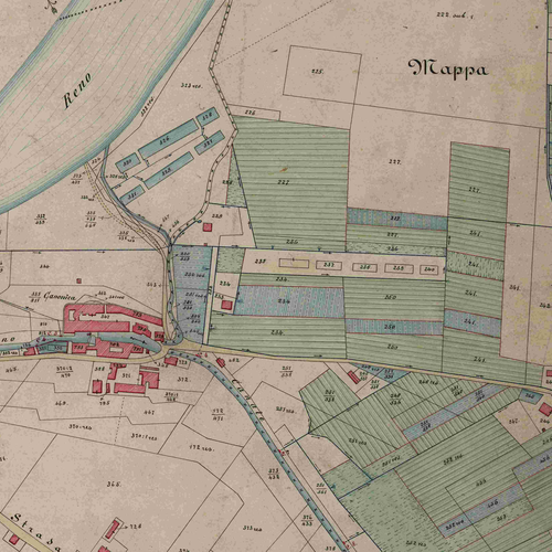 Fig. 2. Alfonso Saccenti, dettaglio dalla Pianta generale dei terreni che si irrigano colle acque derivate dal canale di Reno… in cui si nota lo scaricatore Canonica che riporta l’acqua dal canale al fiume Reno, Archivio Canali di Bologna, 1903.